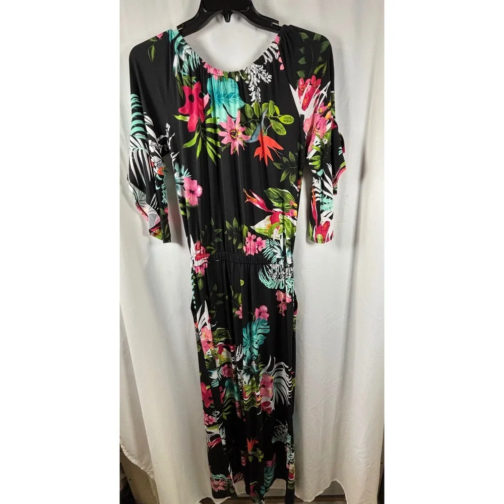 Attitudes by Renee Floral Jumpsuit Black Pink 3/4 Sleeve Petite Small NWT - Picture 4 of 6